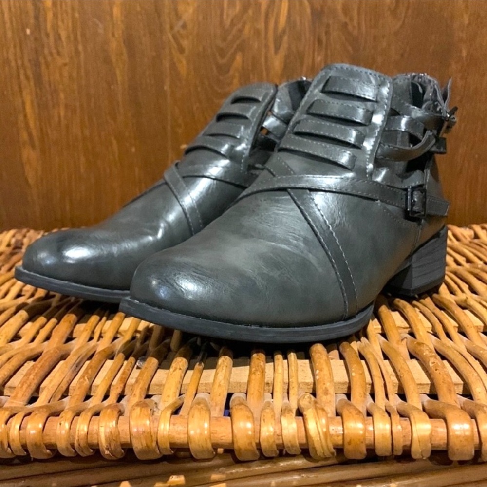 Charcoal Gray Strappy Buckle Ankle Booties